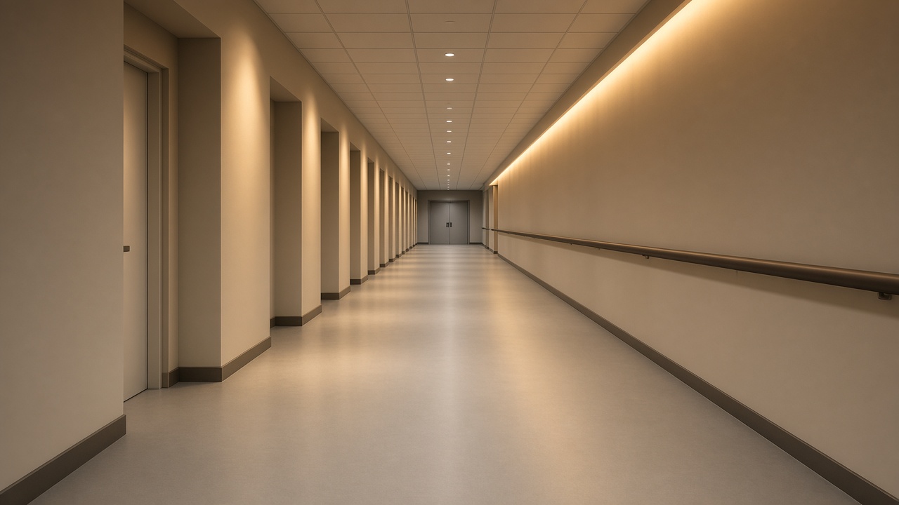 Empty healthcare corridor with a seamless resilient floor