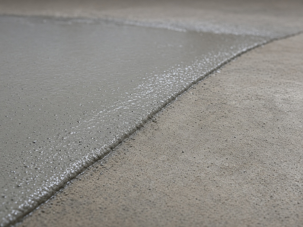 Floor-leveling compound edge on a clean commercial slab